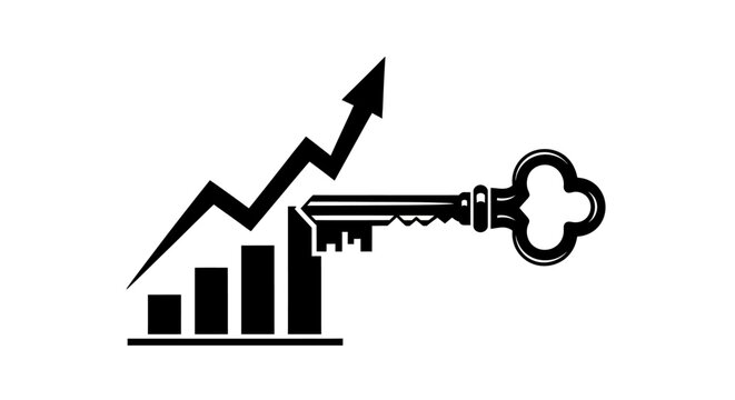 A large key unlocks rising graph with bars and an upward arrow.