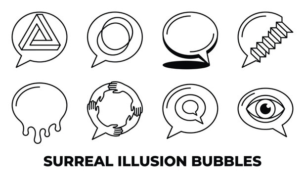 Surreal illusion bubbles with optical illusions impossible triangle concentric circles melting bubble.