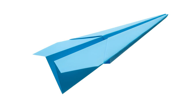 Bright blue paper airplane soaring through the air captured in a sharp angle studio shot isolated on white background