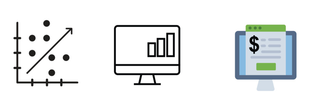 Financial Data Analytics and Business Statistics Vector Icon Set with Scatter Plot Regression Line Desktop Monitor Bar Chart and Online Invoice Dollar Screen Infographic Diagrams