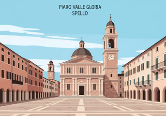 Fototapeta premium Vector illustration of Piazza Valle Gloria in Spello, Umbria, Italy, featuring a historic church with a dome and clock bell tower, surrounded by traditional buildings with arched porticos.