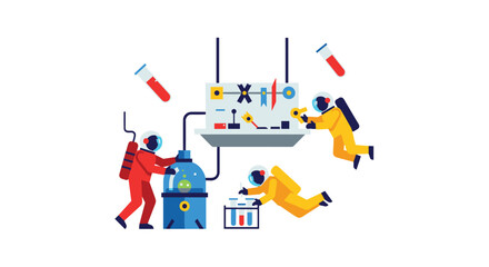 Naklejka premium Three astronauts in vibrant spacesuits performing scientific experiments with lab equipment and test tubes in a floating zero gravity laboratory environment on a clean white backgr