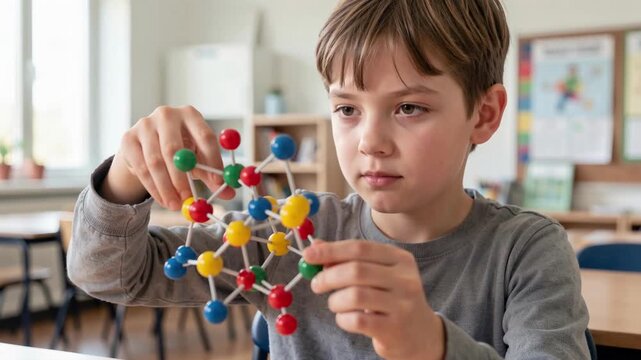Young Boy Concentrating on Building a Colorful Molecular Model Indoors for Science Education
