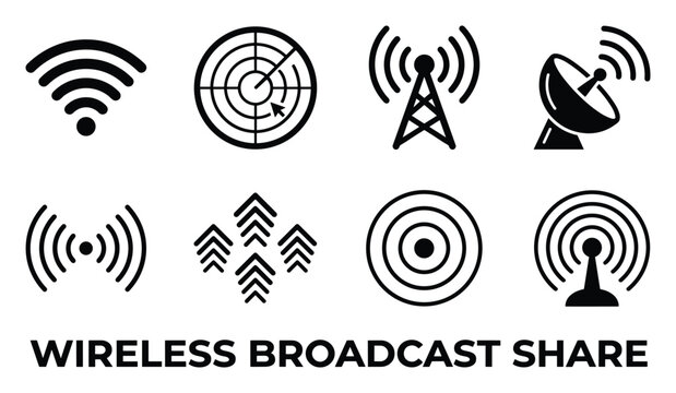 Wireless communication and broadcast symbols in solid black icons set on white background.