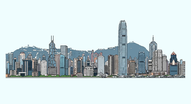Vector illustration of the Hong Kong skyline panoramic view featuring famous skyscrapers like the IFC and Bank of China Tower against Victoria Peak on a clear day.