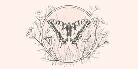 Butterfly Floral Emblem A Delicate Vector Illustration On Beige Background © Ganesh
