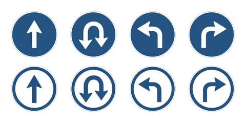 Go straight u turn left and right arrow black and white traffic direction icon set round road sign symbols navigation highway direction vector illustration pack for map guidance © MOSTJESMIN