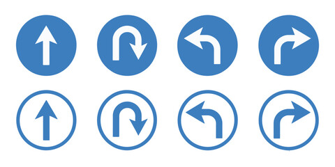Go straight u turn left and right arrow black and white traffic direction icon set round road sign symbols navigation highway direction vector illustration pack for map guidance © MOSTJESMIN