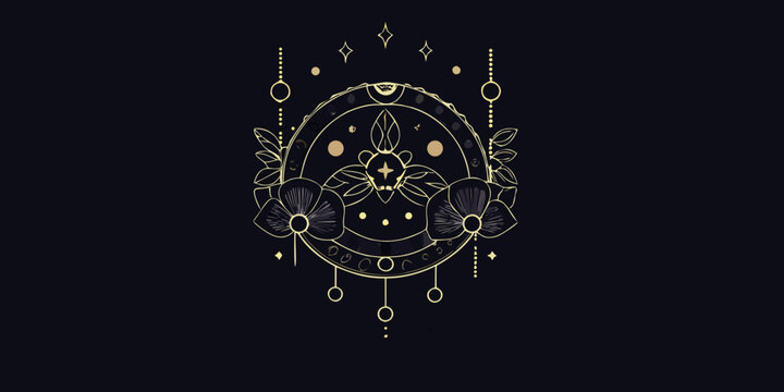 Floral ornament with celestial elements gold line art on black background
