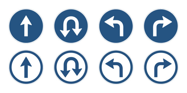 Go straight u turn left and right arrow black and white traffic direction icon set round road sign symbols navigation highway direction vector illustration pack for map guidance