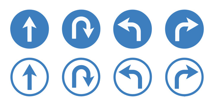 Go straight u turn left and right arrow black and white traffic direction icon set round road sign symbols navigation highway direction vector illustration pack for map guidance