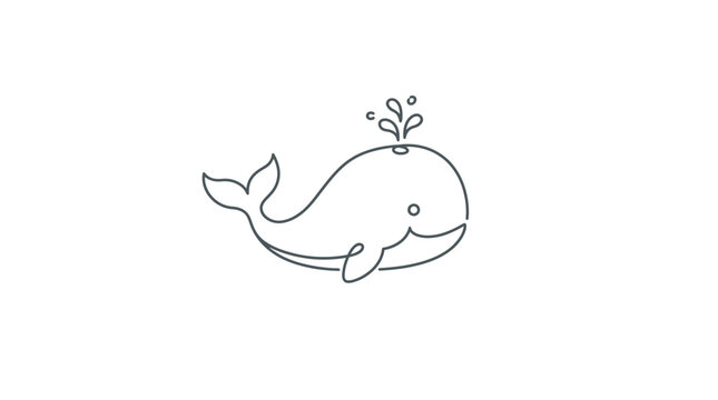 Minimalist line art drawing of a cute whale blowing water with a simple black stroke