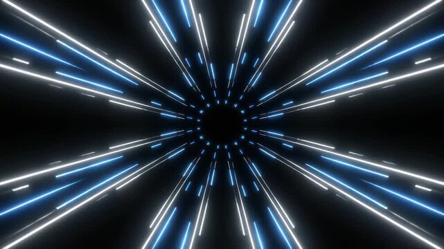 Dynamic Blue and White Light Rays Pulsating in an Abstract Tunnel Vortex