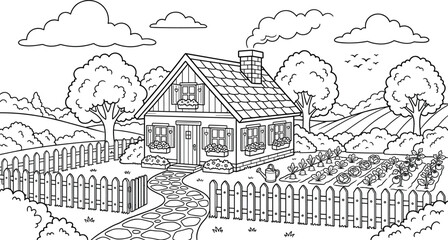 Obraz premium Hand drawn cozy cottage house coloring page vector landscape featuring country garden picket fence trees hills and clouds