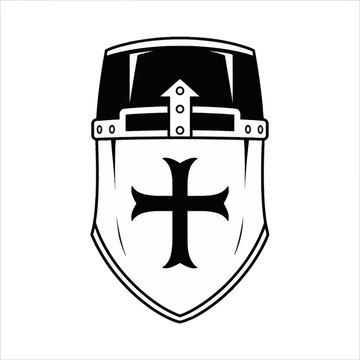 Medieval knight great helm vector illustration featuring a cross pattee on the visor area, black and white flat icon of a templar barrel helmet isolated on a white background.