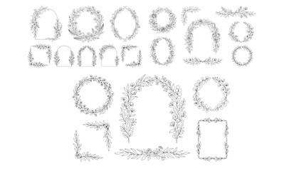 Naklejka premium Elegant Boho Floral Frame Set for Wedding Invitations – Continuous One Line Drawing of Botanical Wreaths, Arch Frames and Minimal Floral Borders