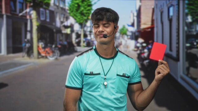 Man referee in uniform holding a red card in street, raising the card with hand while wearing headset and whistle and turquoise shirt, slight smile; confident authority.