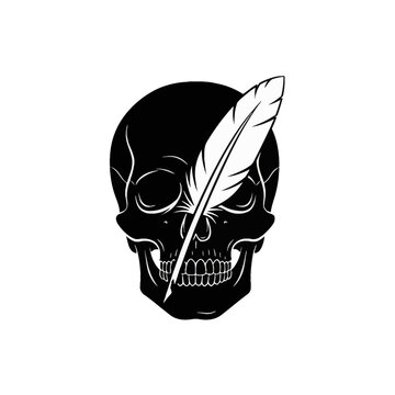 Black silhouette of a human skull with a white quill feather placed diagonally across the face, isolated on a white background, representing literature, death, and memento mori themes.