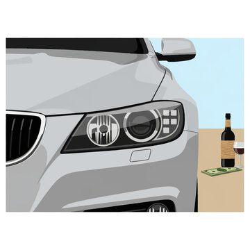 Detailed vector illustration of a silver luxury car front featuring a xenon headlight, side mirror, wine bottle, glass of red wine, and paper currency on a neutral background.