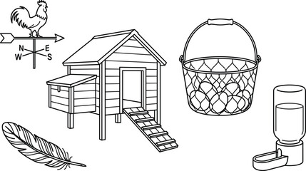 Poultry Farming and Backyard Chicken Coop Vector Icon Set featuring Weather Vane Egg Basket Feather and Waterer for Agricultural and Homesteading Designs © MDRUBEL
