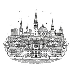 Fototapeta premium Hand-drawn black and white line art illustration of Copenhagen Denmark cityscape skyline featuring historical architecture, church spires, cathedral domes, and traditional buildings.