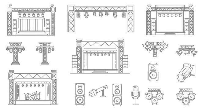 Theatres Stage Design Elements Line Drawings.