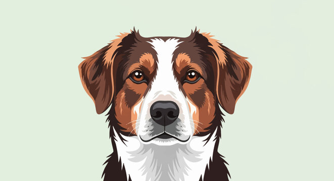 Vector illustration of a tricolor dog portrait featuring brown, white, and black fur patterns. Detailed front-facing headshot of a mountain dog breed on a light neutral background.