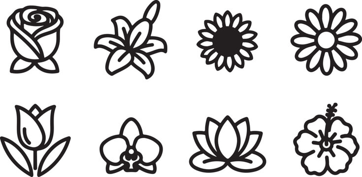 Set of eight simple black and white flower icons