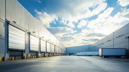 Fototapeta premium Distribution warehouse exterior with solar panels under blue sky and clouds in daylight