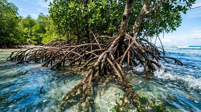 Wide shot of a temperate mangrove forest with complex tangled root systems stretching into the clear tropical ocean water during a sunny day