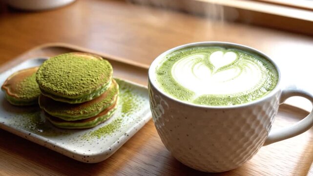 Matcha latte with heart latte art and green tea pancakes on a wooden tray in natural morning light