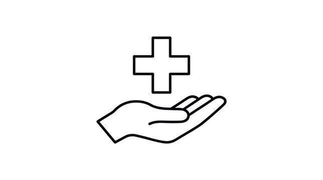 Minimalist black outline icon showing a medical cross symbol held inside an open human hand