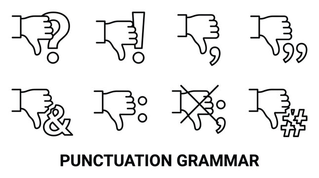 Line art thumb down hand gestures with punctuation marks indicating grammatical errors.