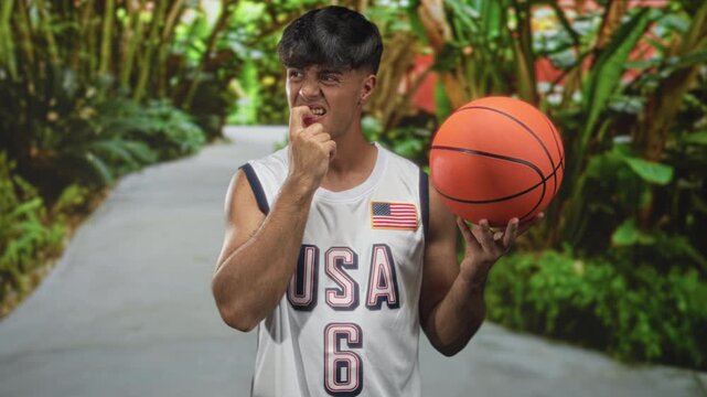 Man holding basketball and biting finger on forest path wearing usa jersey; hesitation thought pause.