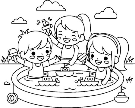 Happy children playing together in a sandbox outdoors.