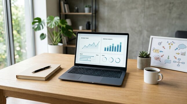 Modern minimalist workspace with a laptop showing revenue trends and monthly growth charts, a blank notebook, pen, a cup of black coffee, and a small succulent plant on a wooden desk.