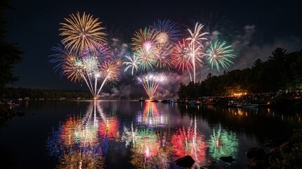 Fototapeta premium Spectacular colorful fireworks display illuminating the dark night sky over a calm lake, with beautiful light reflections on the water and a crowd of people watching from the shore.