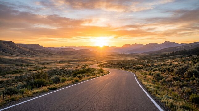 An empty winding asphalt road leading towards majestic mountain peaks in the background, illuminated by a dramatic golden sunrise with light rays and a touch of morning mist.