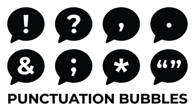 Punctuation bubbles icons exclamation question comma period ampersand semicolon asterisk quotes.