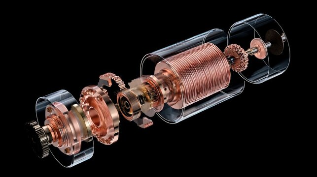 A futuristic exploded-view copper-coiling motor of water purifier in isolated black background