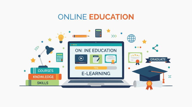 Online education concept with laptop, graduation cap, books, and icons representing learning