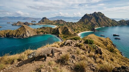 Fototapeta premium The Stunning Komodo Dragon Roaming Above the Breathtaking Scenic Landscape of Padar Island in Indonesia
