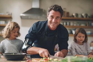 Fototapeta premium Cheerful father cooking in kitchen with children, preparing fresh vegetables for healthy meal together, family bonding, joyful cooking experience at home
