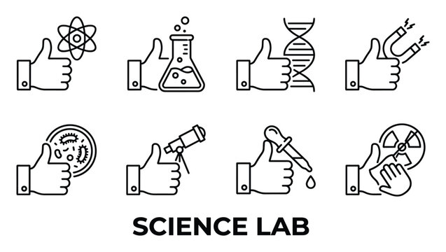 Science lab icons hand with thumbs up gesture vector science symbols like atom dna flask magnet petri dish microscope radiation.
