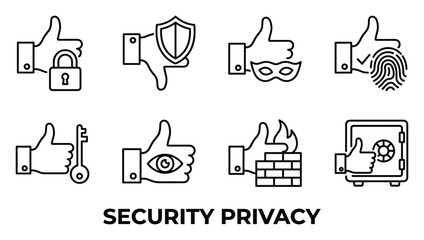 Fototapeta premium Security and privacy thumbs up icons with padlock shield mask fingerprint key eye firewall and safe for approval.
