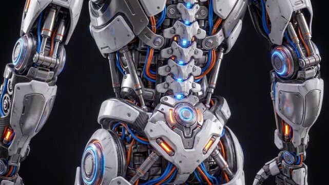 起動して発光するロボットの背面と精密な金属関節のクローズアップループ背景