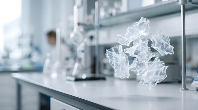 Floating molecular structures of polymer plastic in a science laboratory