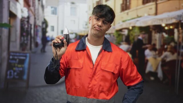 Man in orange uniform holding cordless drill with raised hand on street cafe, slouched expression and slight shrug; frustration manual work.