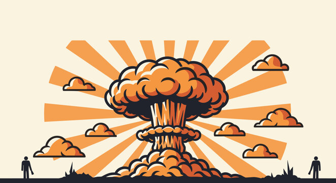 Powerful nuclear explosion with a mushroom cloud and sunburst effect in an orange and brown retro style illustration.