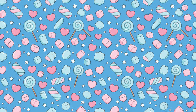Cute seamless pattern with colorful marshmallows lollipops pink hearts and small stars on blue background for sweet dessert textile design wrapping paper